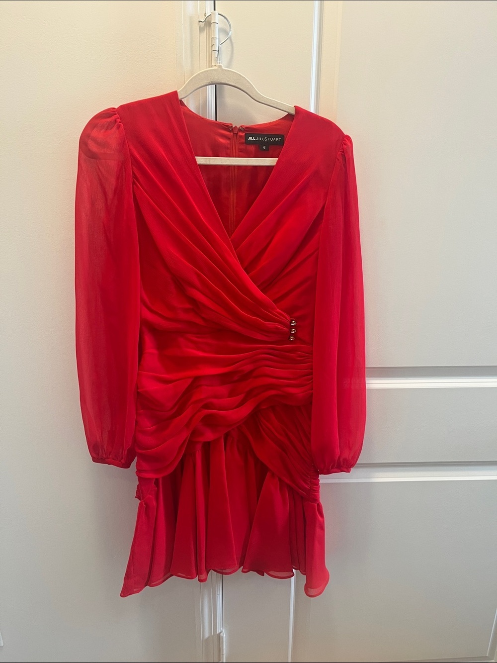 Jill Stuart Red Draped Long-Sleeve Mini Dress